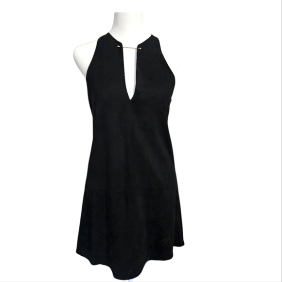 OLIVIACEOUS Black faux suede halter mini dress with keyhole. Size Small NWT - Picture 1 of 11